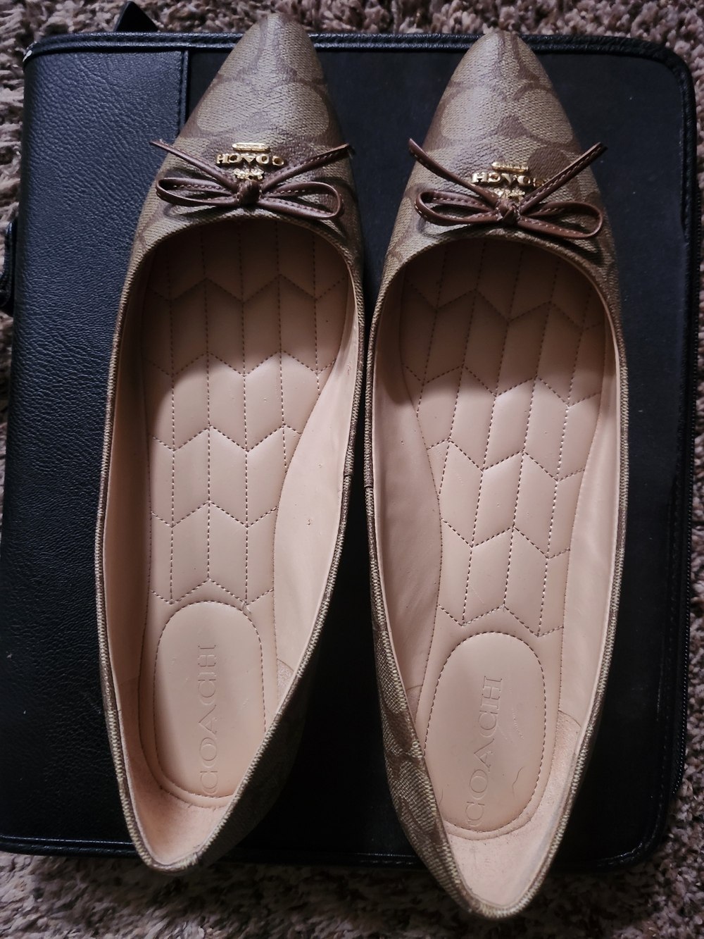 Coach Brown Monogram Pointed-Toe Ballet Flats with Bow